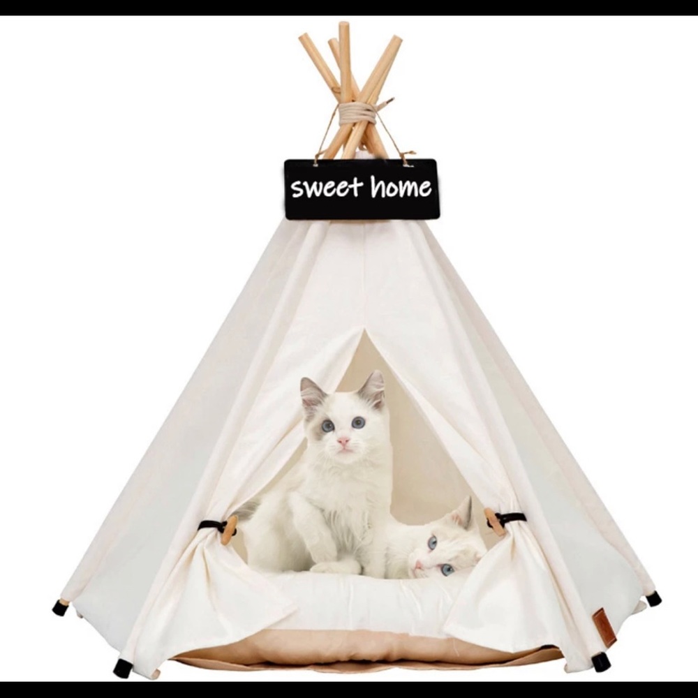 Pet Teepee Dog Tent House Cat Bed with Thick Canvas Cushion